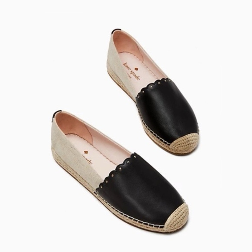 🔥🔥🔥NEW Kate Spade Gardenia Black Natural/Black Leather Flats Espadrilles